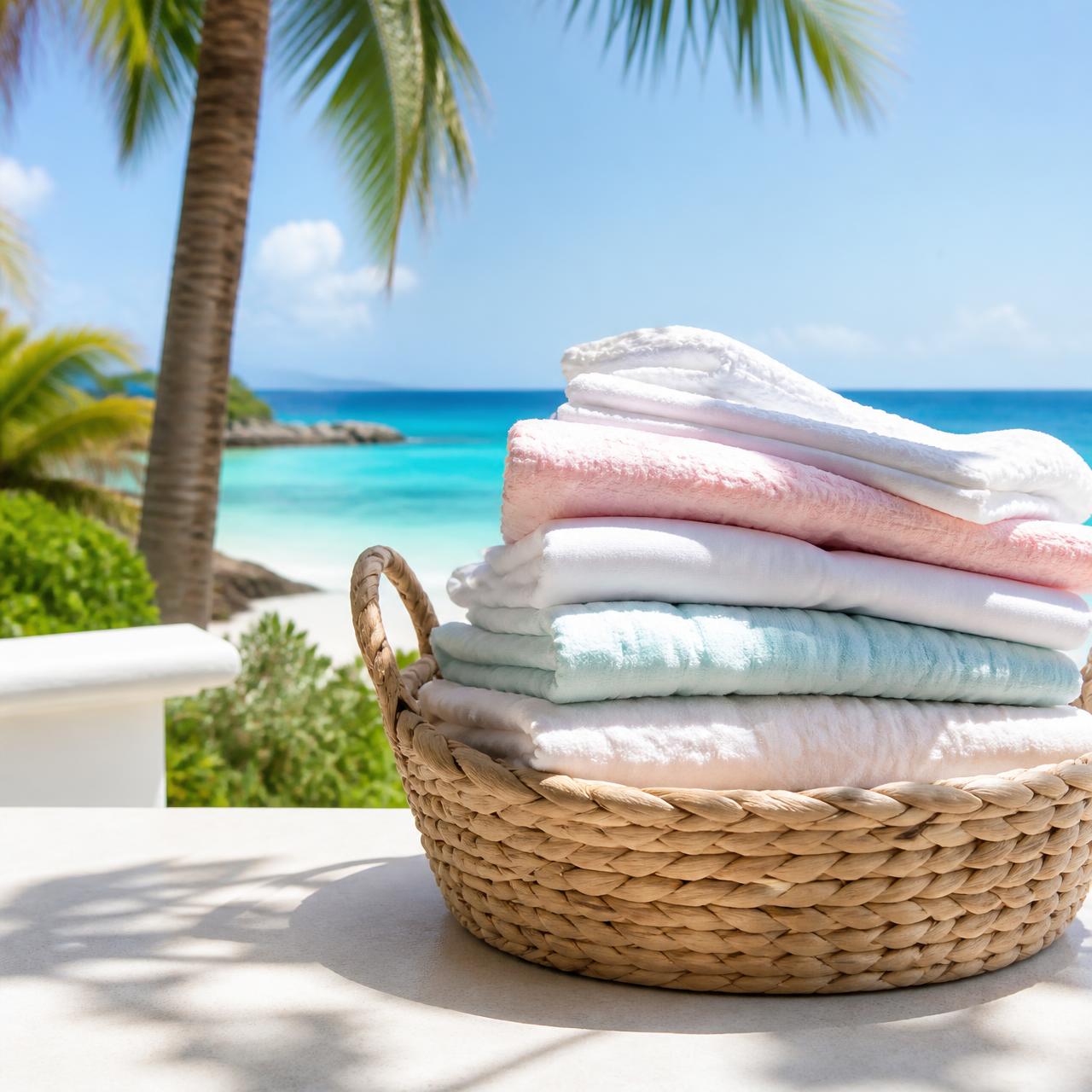 Freshly folded laundry in a basket on a terrace overlooking the turquoise sea in Aruba